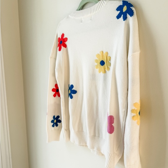 Six/Fifty Size Large Colorful Floral White Crewneck Women's Sweater Flower Power - Picture 2 of 15